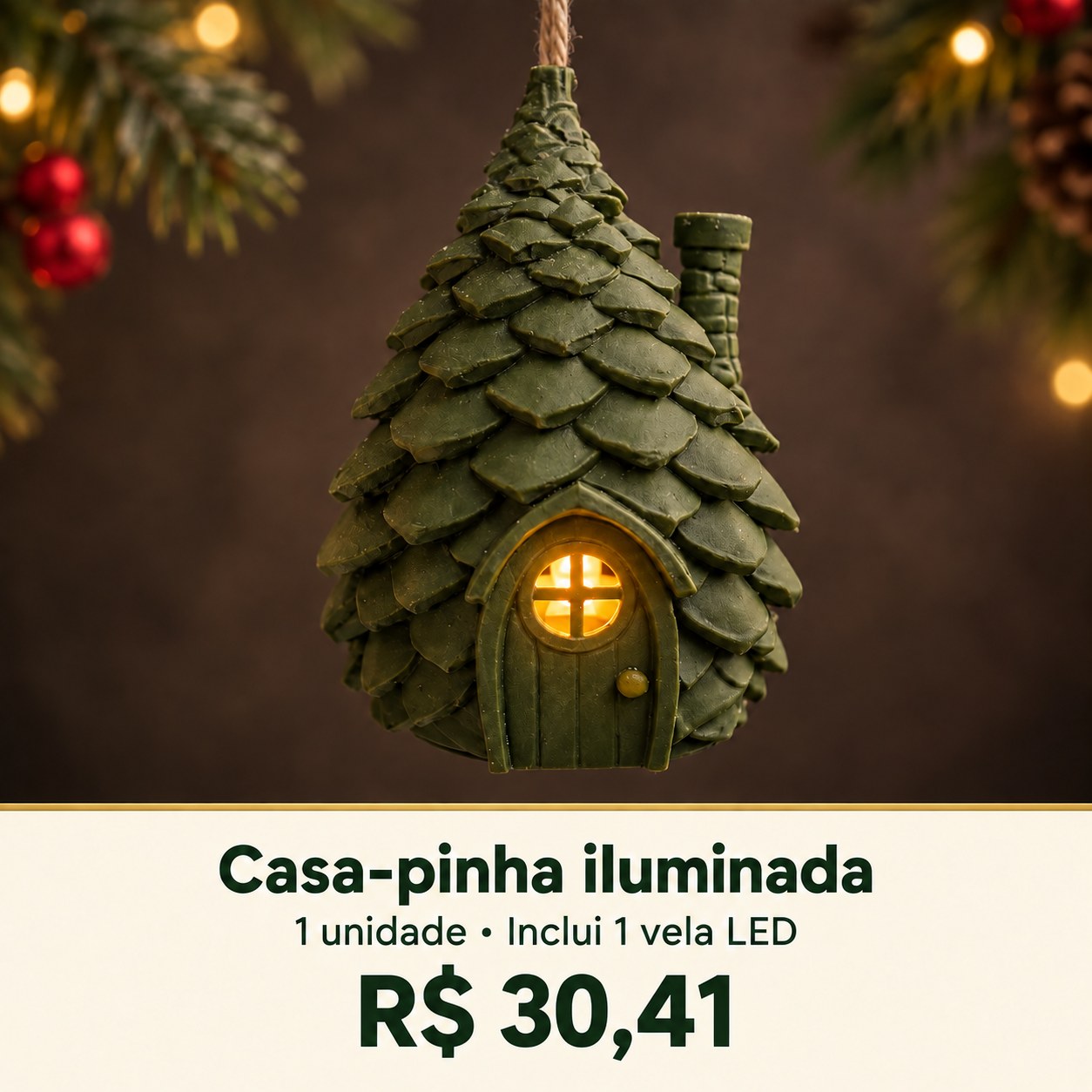 Casa-pinha iluminada com vela LED — unidade