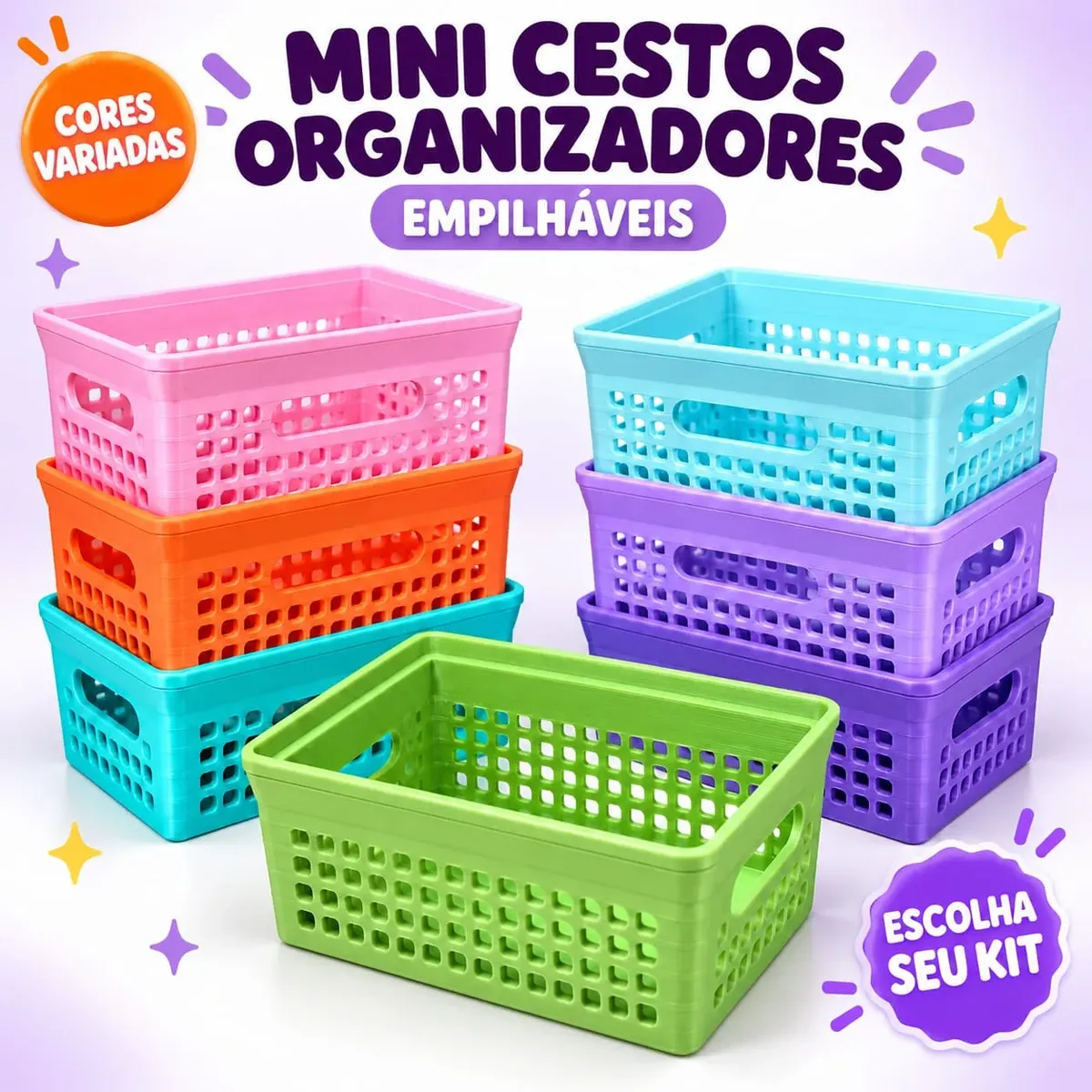 Kit 10 Mini Cestos Organizadores Empilháveis Coloridos Mesa